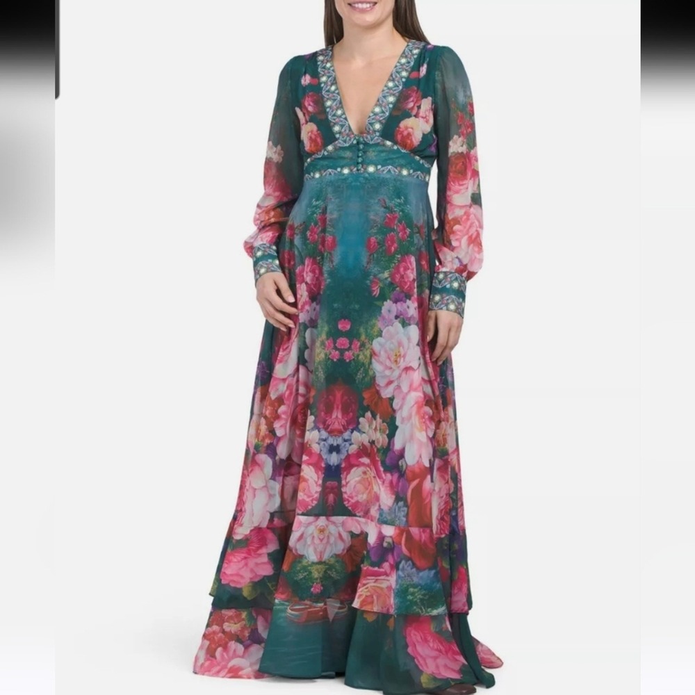 Dalia MacPhee Green Floral Formal Tiered Maxi Dress Med NWT Boho Fairy Gown‎